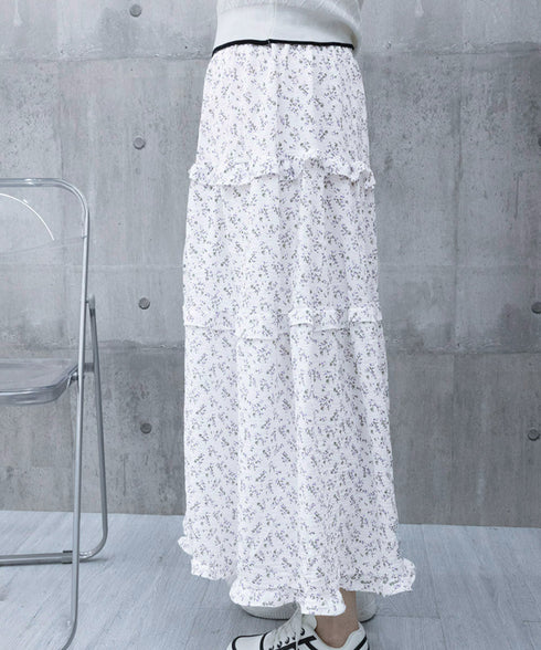 フリルティアード 小花柄 ロングスカート レディース ティアードスカート きれいめ 体型カバースカート着やせ 大人可愛い新作ハイウエストスカート 裏地付きスカート 98JLIY-001